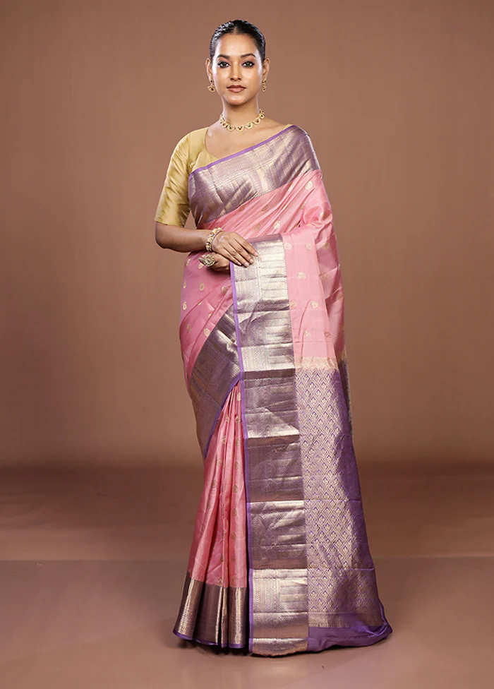 Pink Handloom Kanjivaram Pure Silk Saree With Blouse Piece - Image 2