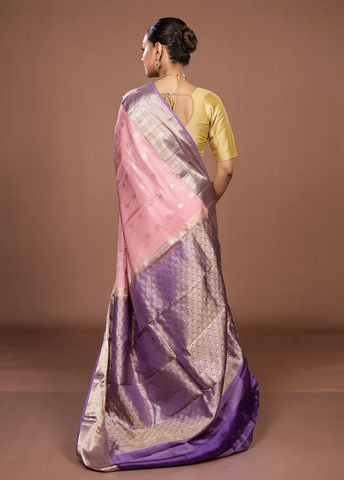 Pink Handloom Kanjivaram Pure Silk Saree With Blouse Piece - Image 3