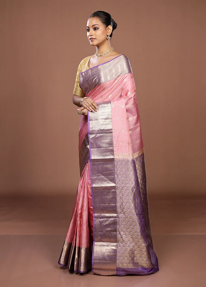 Pink Handloom Kanjivaram Pure Silk Saree With Blouse Piece - Image 4