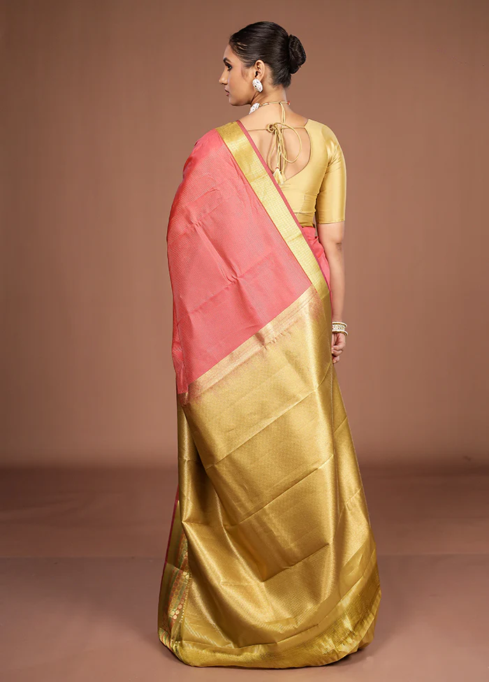Pink Handloom Kanjivaram Pure Silk Saree With Blouse Piece - Image 3
