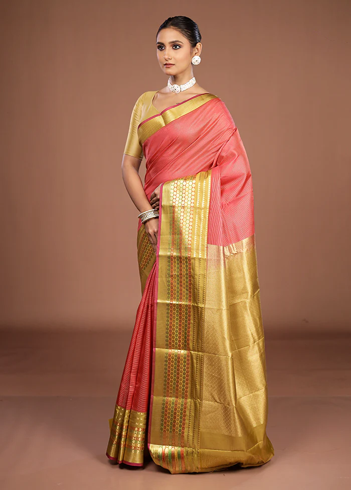 Pink Handloom Kanjivaram Pure Silk Saree With Blouse Piece - Image 4