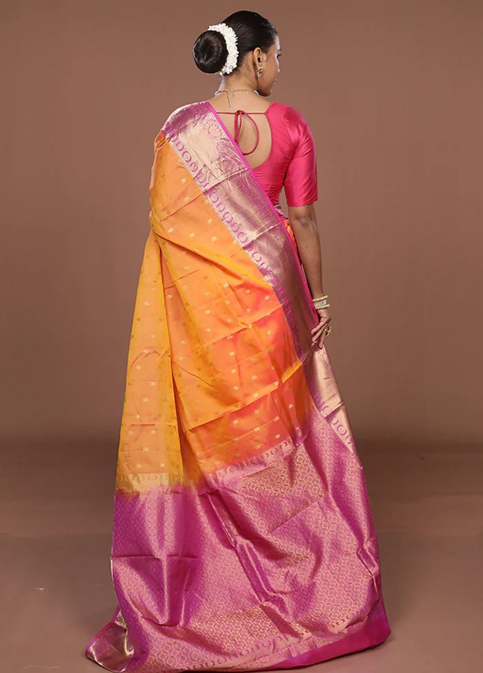Pink Handloom Kanjivaram Pure Silk Saree With Blouse Piece - Image 3
