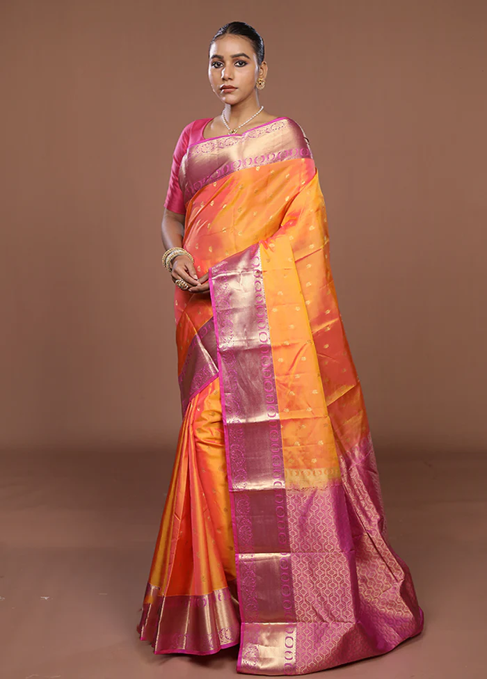 Pink Handloom Kanjivaram Pure Silk Saree With Blouse Piece - Image 4