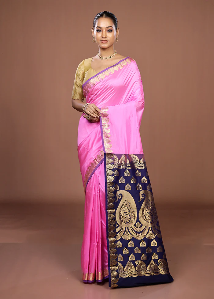 Pink Handloom Kanjivaram Pure Silk Saree With Blouse Piece - Image 2