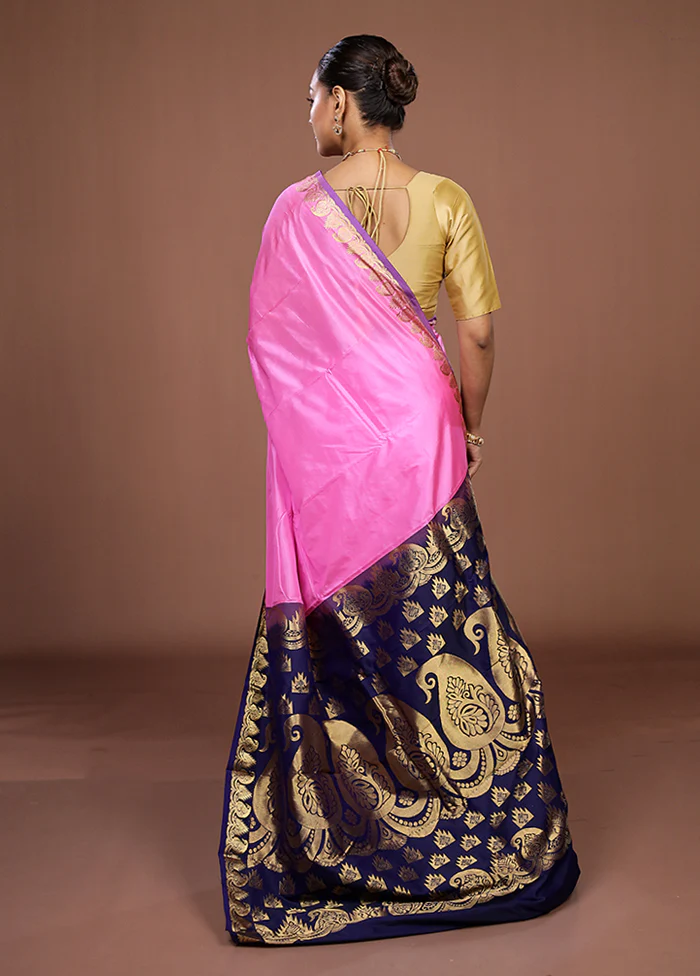 Pink Handloom Kanjivaram Pure Silk Saree With Blouse Piece - Image 3