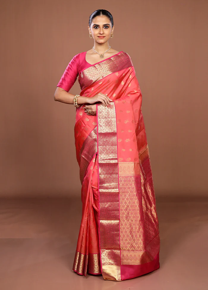 Pink Handloom Kanjivaram Pure Silk Saree With Blouse Piece - Image 2