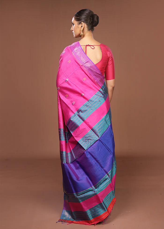 Pink Handloom Kanjivaram Pure Silk Saree With Blouse Piece - Image 3