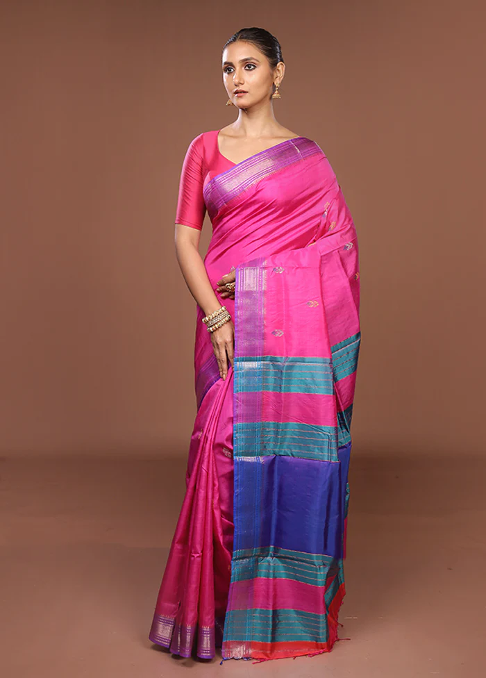 Pink Handloom Kanjivaram Pure Silk Saree With Blouse Piece - Image 4