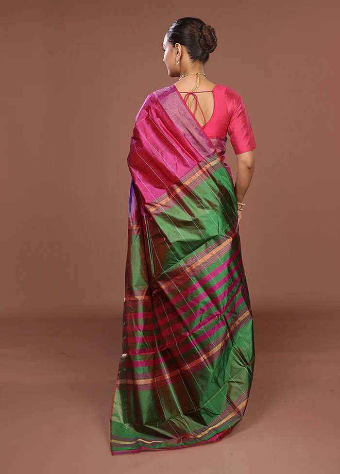 Pink Handloom Kanjivaram Pure Silk Saree With Blouse Piece - Image 3
