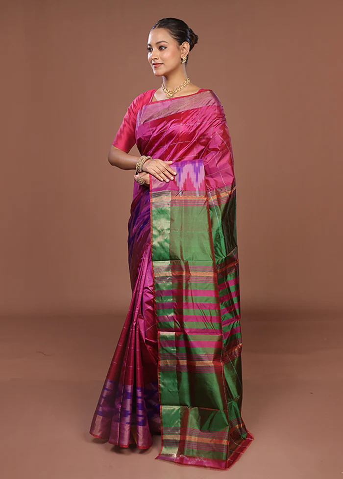 Pink Handloom Kanjivaram Pure Silk Saree With Blouse Piece - Image 4