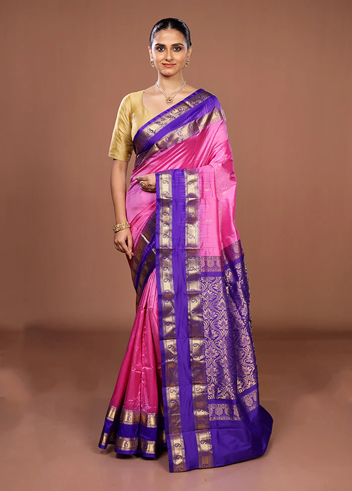 Pink Handloom Kanjivaram Pure Silk Saree With Blouse Piece - Image 2