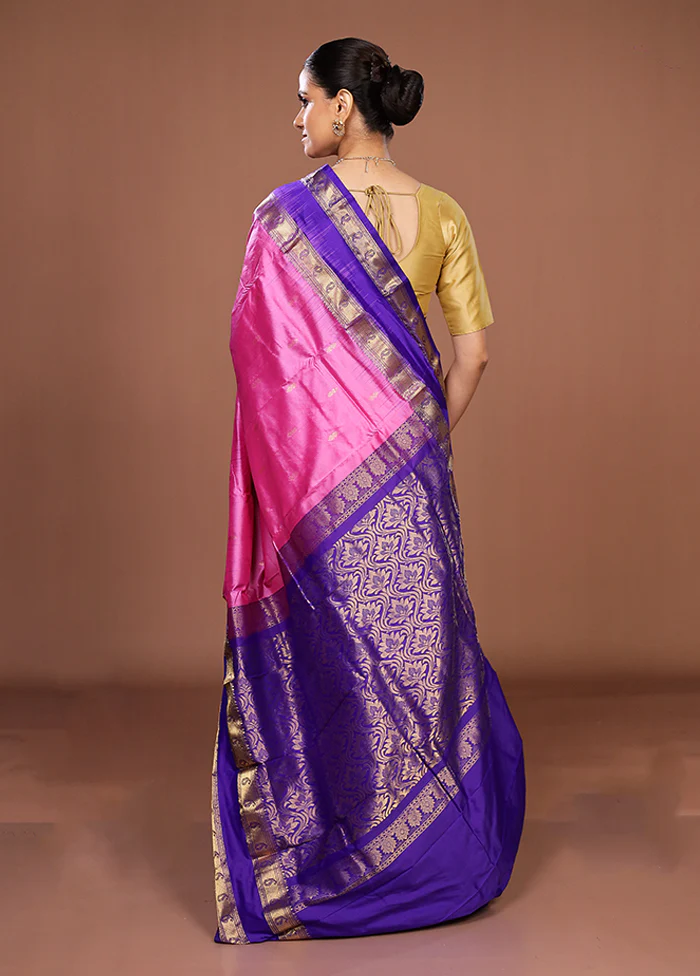 Pink Handloom Kanjivaram Pure Silk Saree With Blouse Piece - Image 3