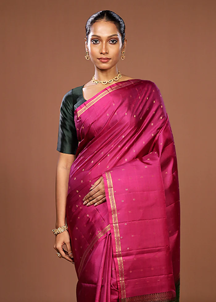 Pink Handloom Kanjivaram Pure Silk Saree With Blouse Piece