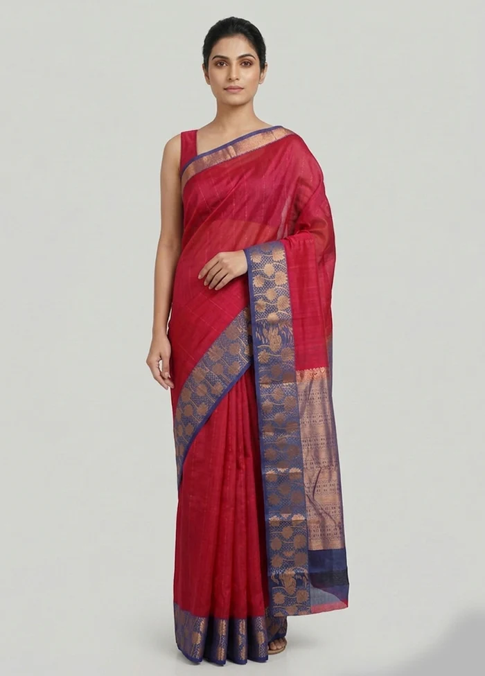 Pink Handloom Kanjivaram Pure Silk Saree With Blouse Piece