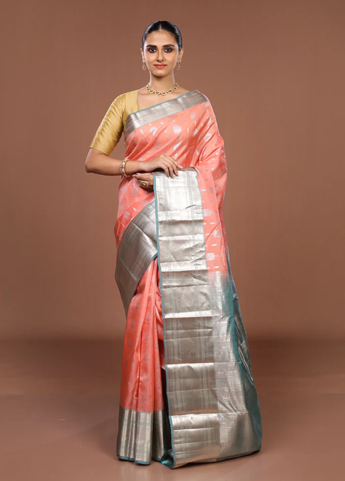 Peach Handloom Kanjivaram Pure Silk Saree With Blouse Piece - Image 2