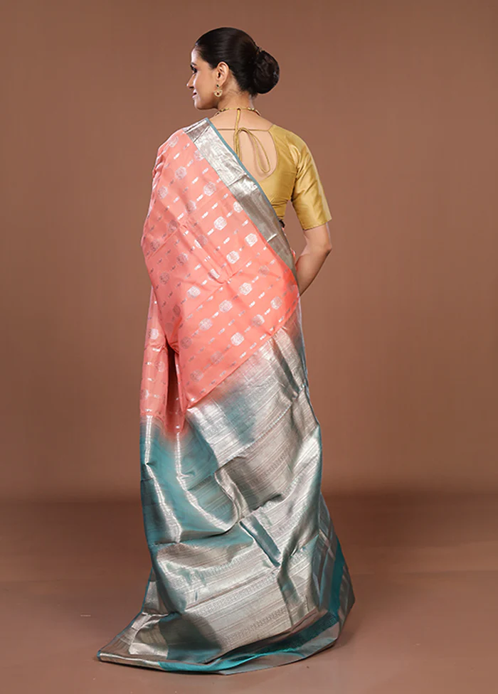 Peach Handloom Kanjivaram Pure Silk Saree With Blouse Piece - Image 3