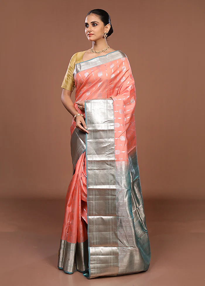 Peach Handloom Kanjivaram Pure Silk Saree With Blouse Piece - Image 4