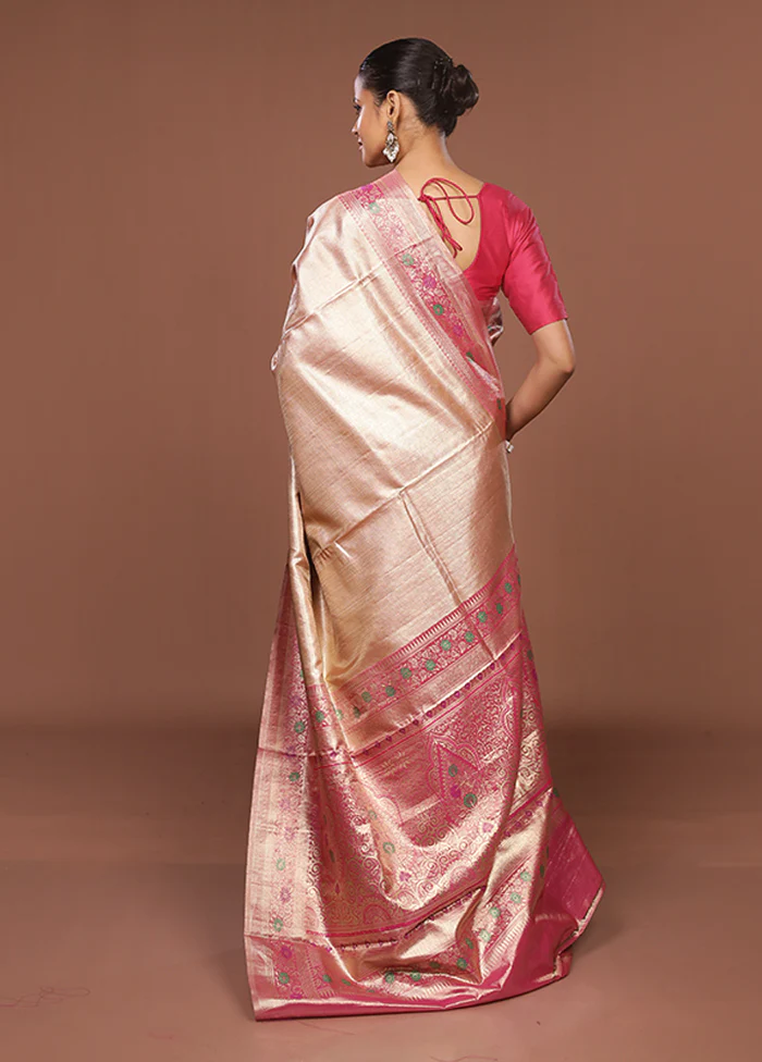 Pink Handloom Kanjivaram Pure Silk Saree With Blouse Piece - Image 3