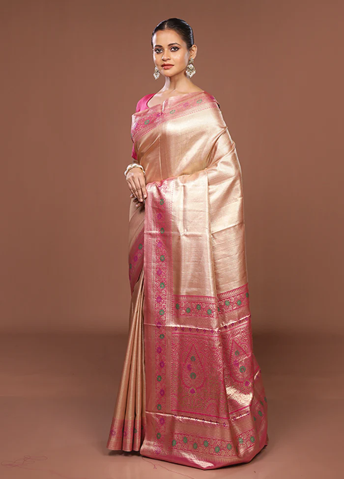 Pink Handloom Kanjivaram Pure Silk Saree With Blouse Piece - Image 4