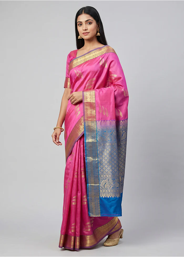 Pink Handloom Kanjivaram Pure Silk Saree With Blouse Piece