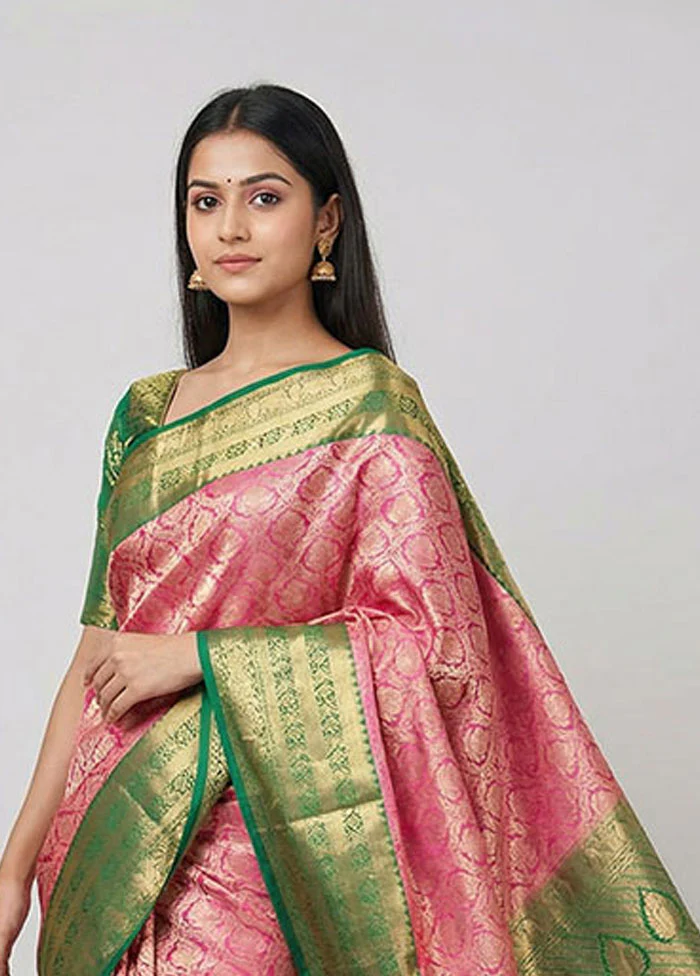 Pink Handloom Kanjivaram Pure Silk Saree With Blouse Piece - Image 2