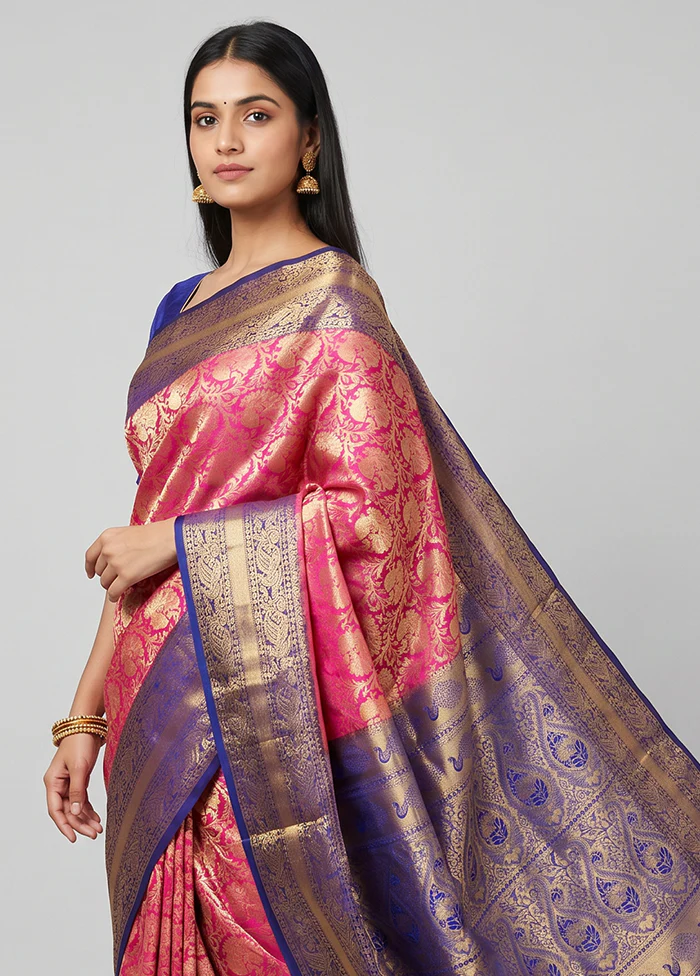Pink Handloom Kanjivaram Pure Silk Saree With Blouse Piece - Image 2
