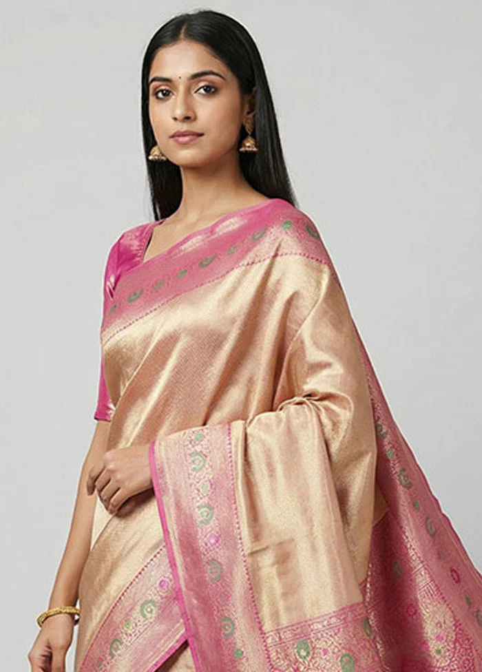 Pink Handloom Kanjivaram Pure Silk Saree With Blouse Piece - Image 2