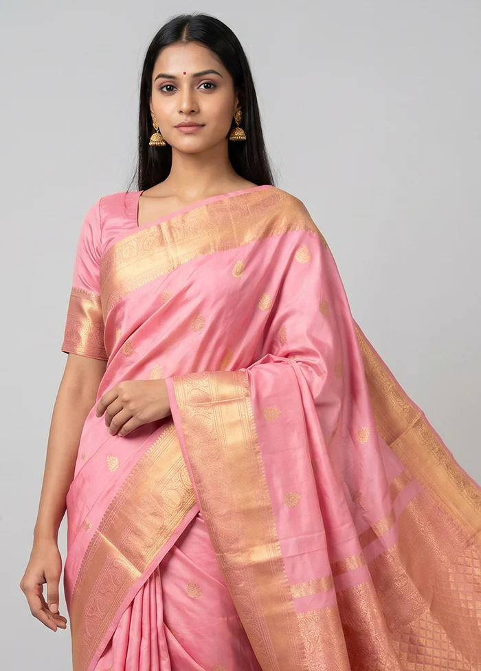 Pink Handloom Kanjivaram Pure Silk Saree With Blouse Piece - Image 2