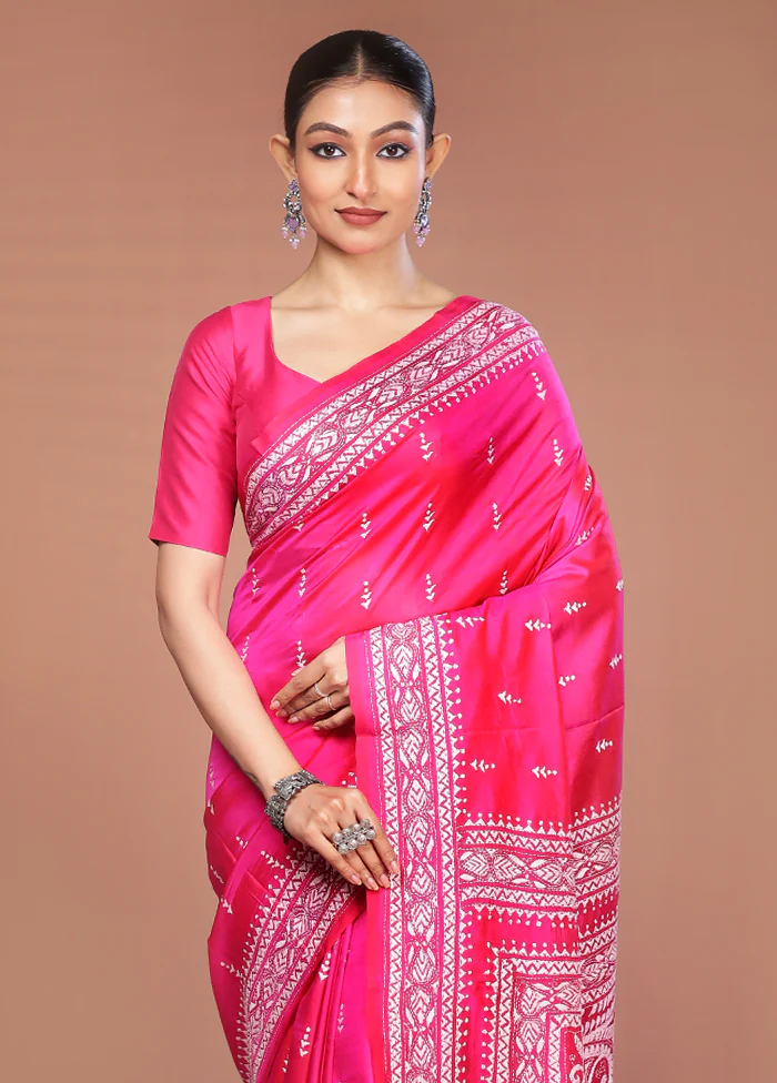Pink Handloom Kantha Stitch Pure Silk Saree With Blouse Piece