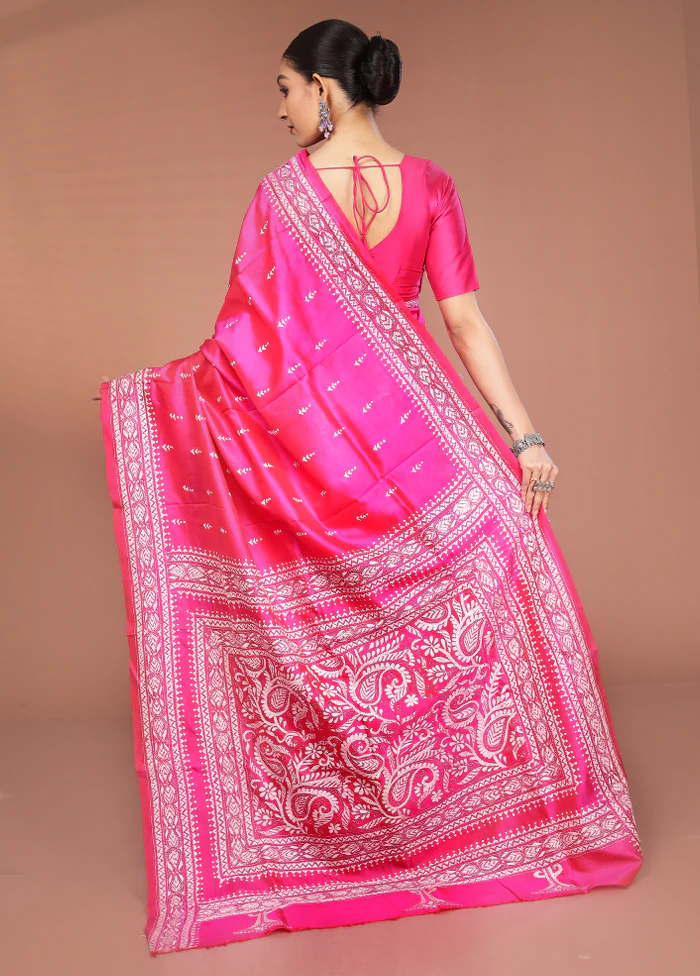 Pink Handloom Kantha Stitch Pure Silk Saree With Blouse Piece - Image 3