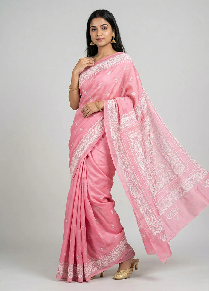 Pink Handloom Kantha Stitch Pure Silk Saree With Blouse Piece