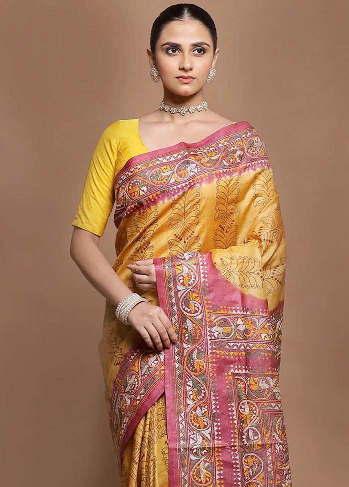 Pink Handloom Kantha Stitch Pure Silk Saree With Blouse Piece - Image 2