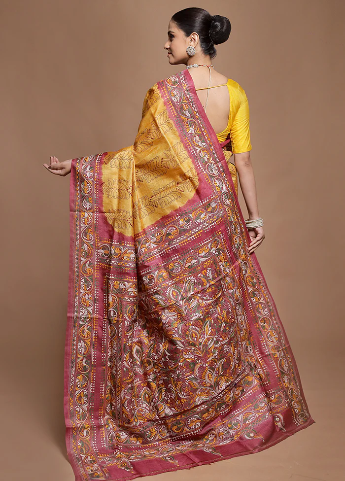 Pink Handloom Kantha Stitch Pure Silk Saree With Blouse Piece - Image 3