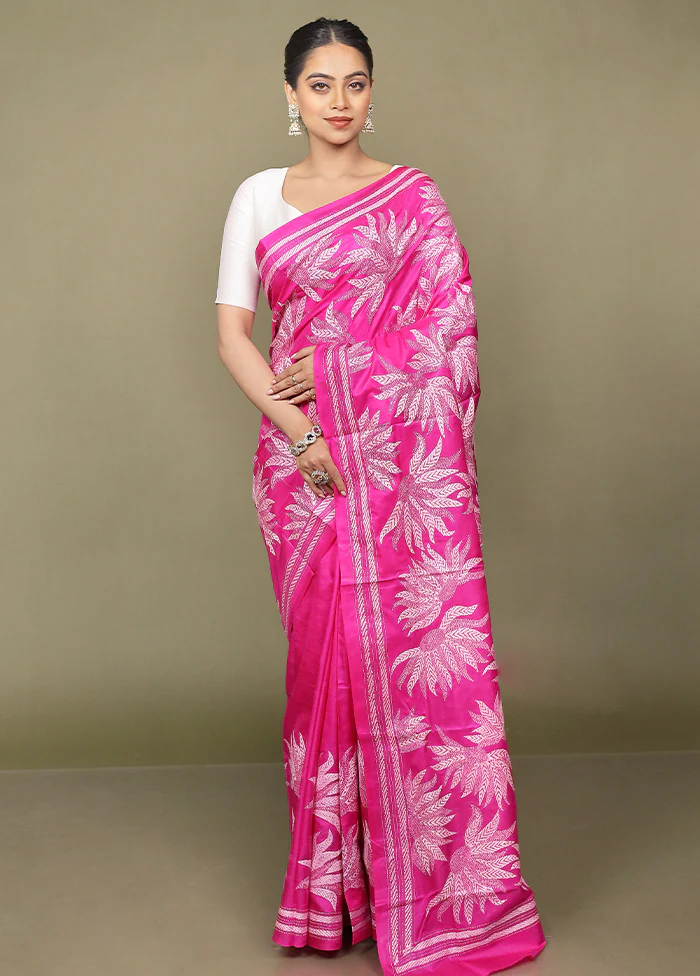 Pink Handloom Kantha Stitch Pure Silk Saree With Blouse Piece - Image 2