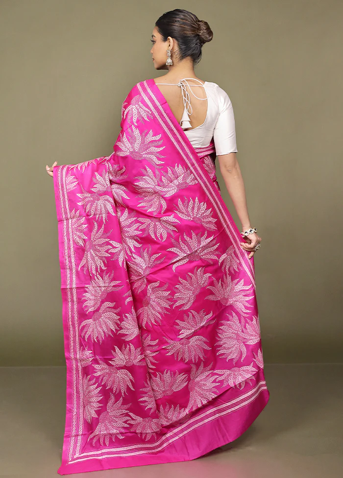 Pink Handloom Kantha Stitch Pure Silk Saree With Blouse Piece - Image 3