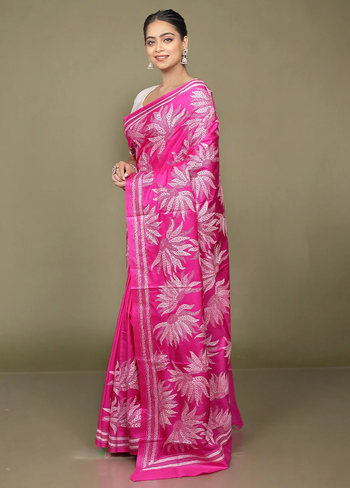 Pink Handloom Kantha Stitch Pure Silk Saree With Blouse Piece - Image 4