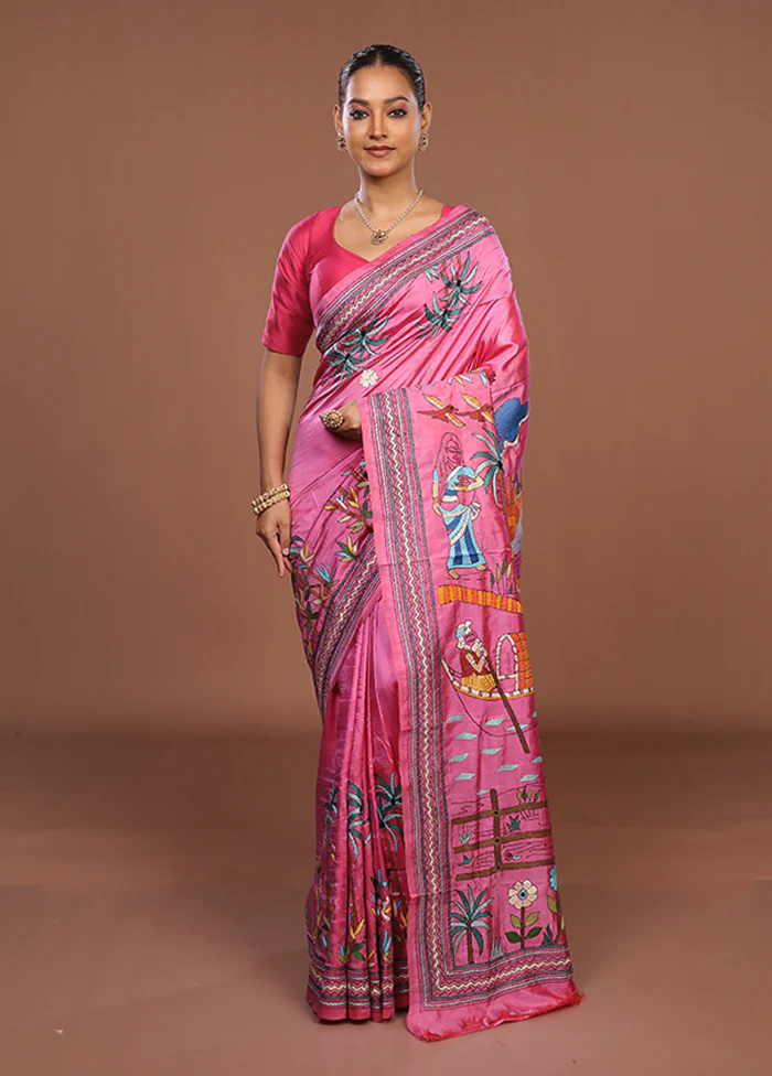Pink Handloom Kantha Stitch Pure Silk Saree With Blouse Piece - Image 2