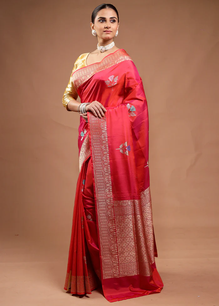 Pink Handloom Katan Pure Silk Saree With Blouse Piece - Image 4