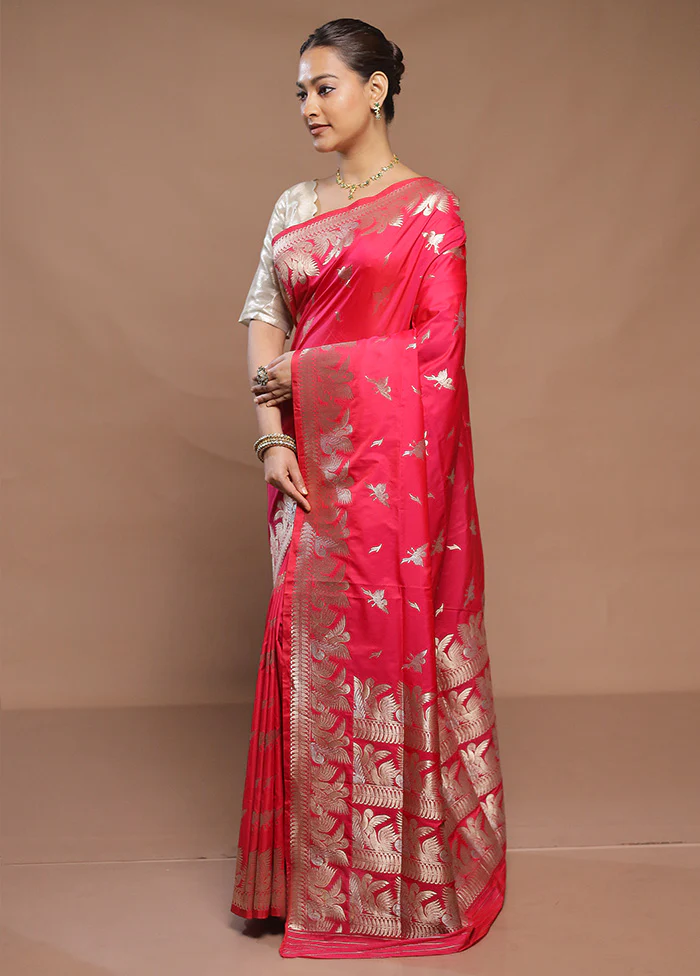 Pink Handloom Katan Pure Silk Saree With Blouse Piece - Image 4