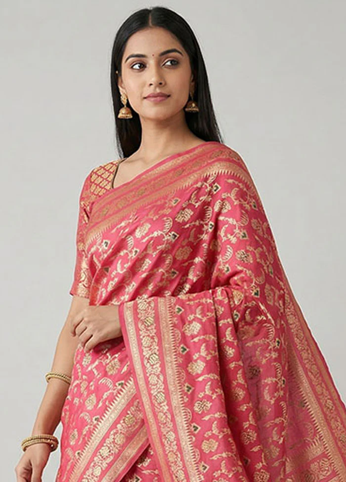 Pink Handloom Katan Pure Silk Saree With Blouse Piece - Image 2