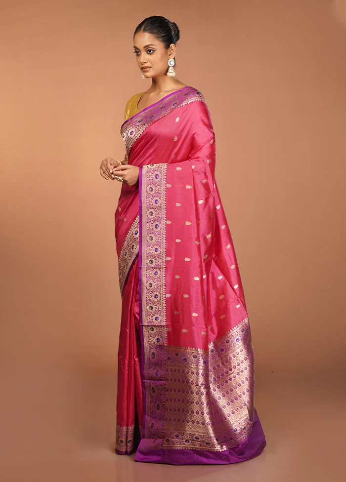 Pink Handloom Katan Pure Silk Saree With Blouse Piece - Image 4