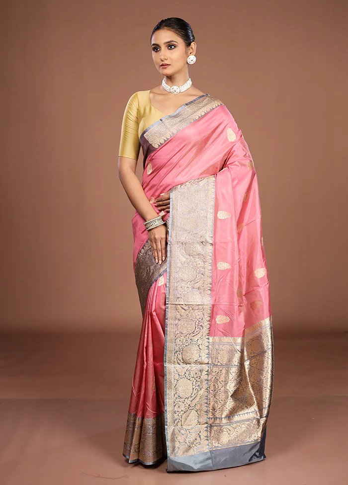 Pink Handloom Katan Pure Silk Saree With Blouse Piece - Image 4