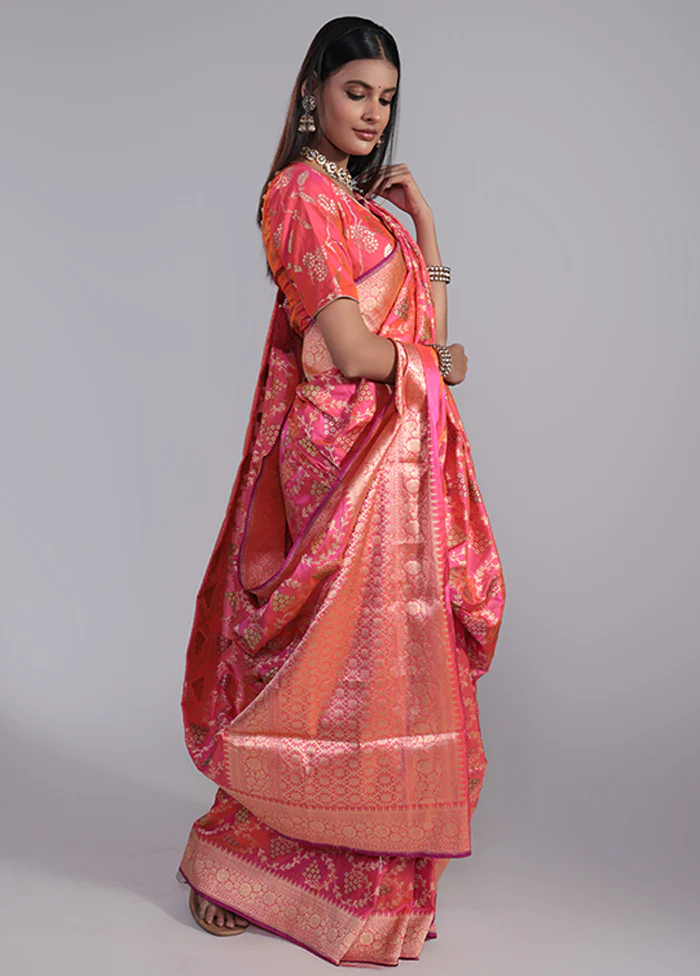 Pink Handloom Katan Pure Silk Saree With Blouse Piece - Image 4
