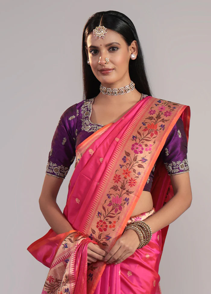 Pink Handloom Katan Pure Silk Saree With Blouse Piece - Image 2