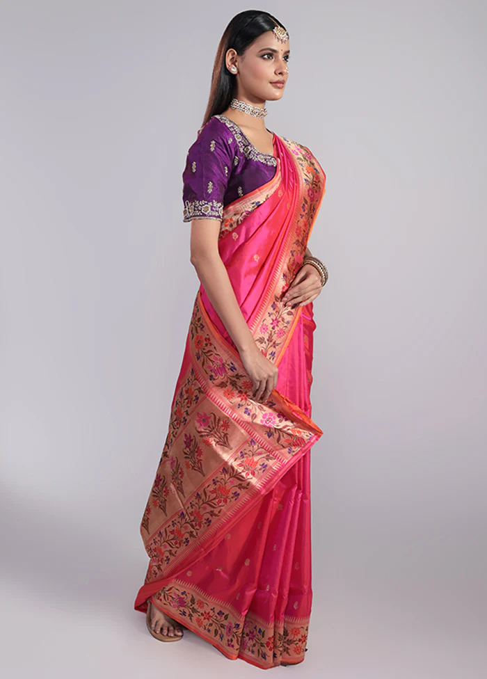 Pink Handloom Katan Pure Silk Saree With Blouse Piece - Image 4