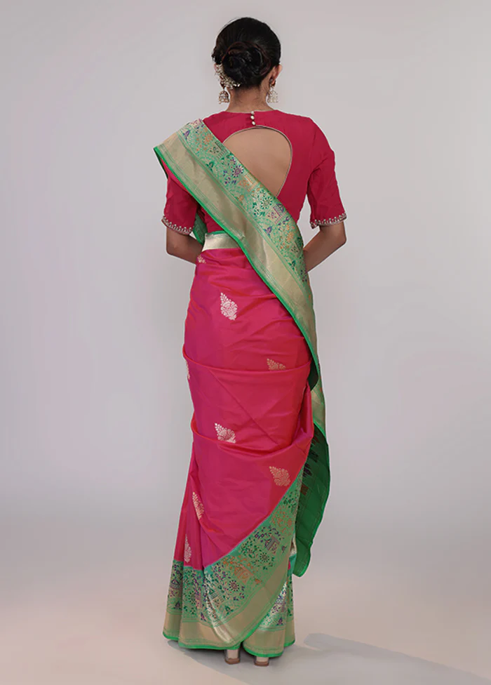 Pink Handloom Katan Pure Silk Saree With Blouse Piece - Image 3
