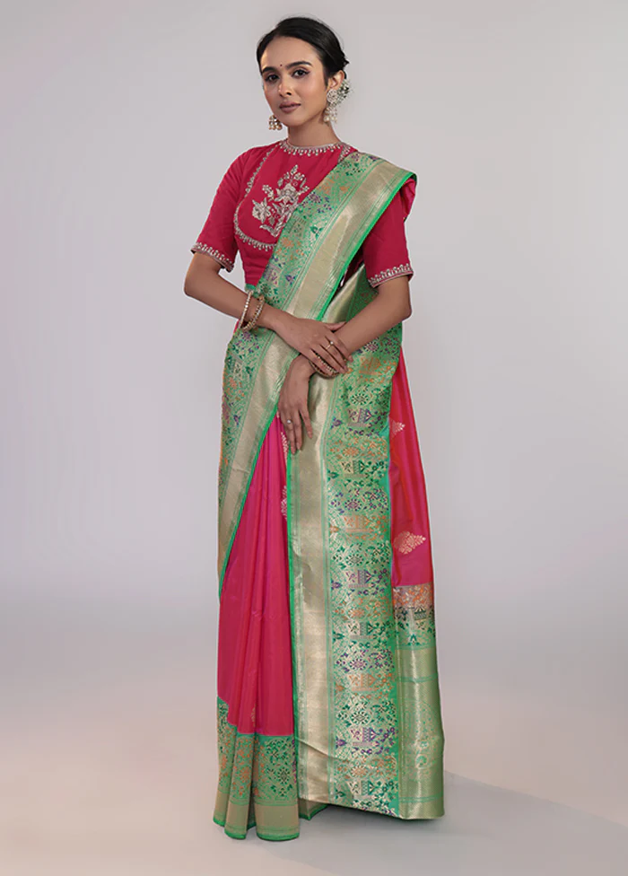 Pink Handloom Katan Pure Silk Saree With Blouse Piece - Image 4