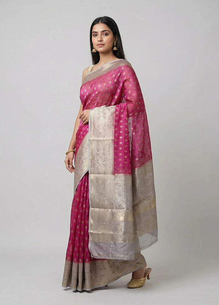 Pink Handloom Kora Pure Silk Saree With Blouse Piece