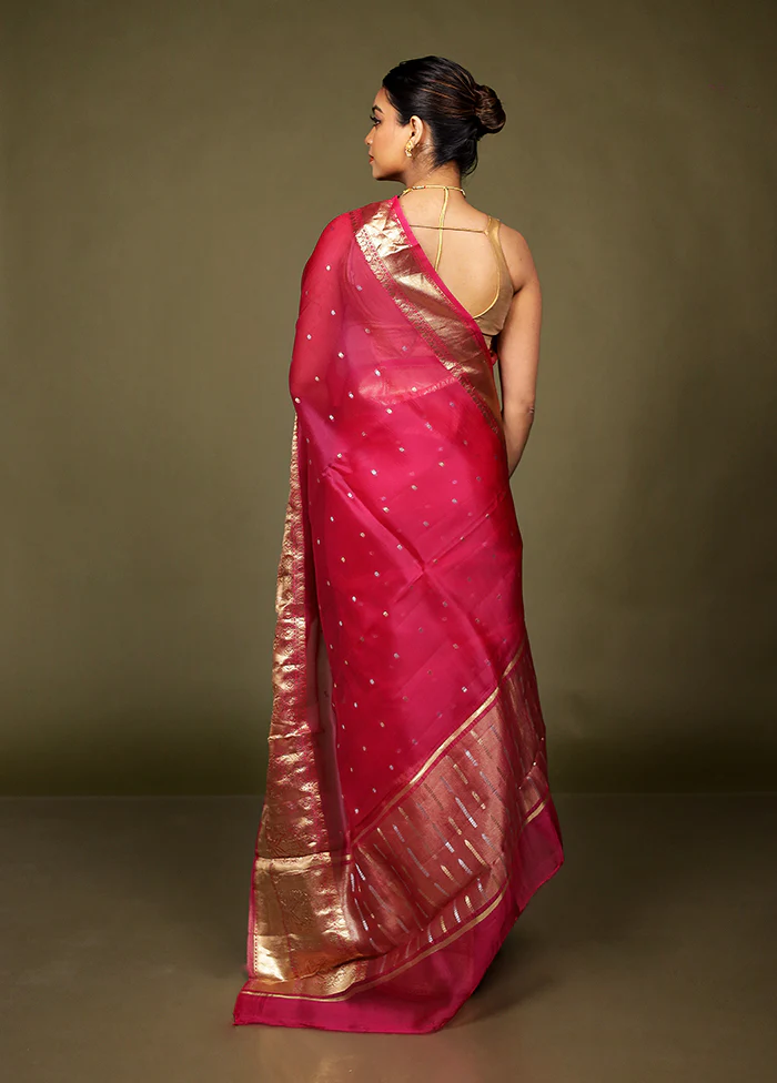 Pink Handloom Kora Pure Silk Saree With Blouse Piece - Image 3