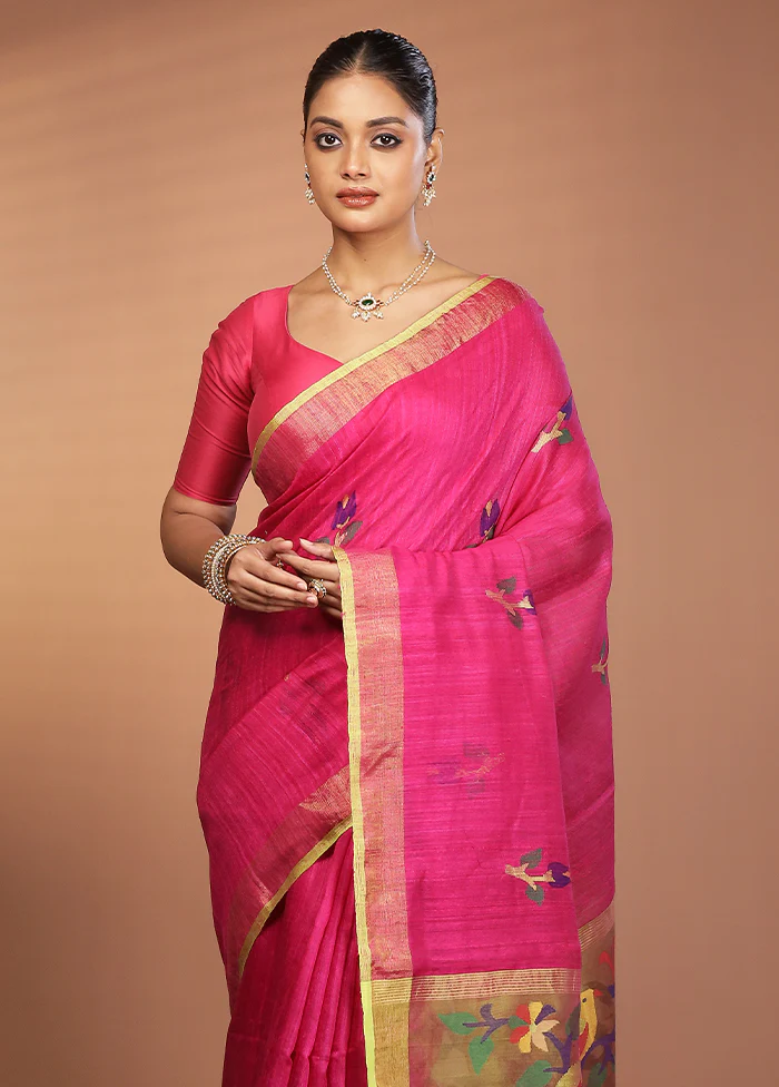 Pink Handloom Matka Pure Silk Saree With Blouse Piece